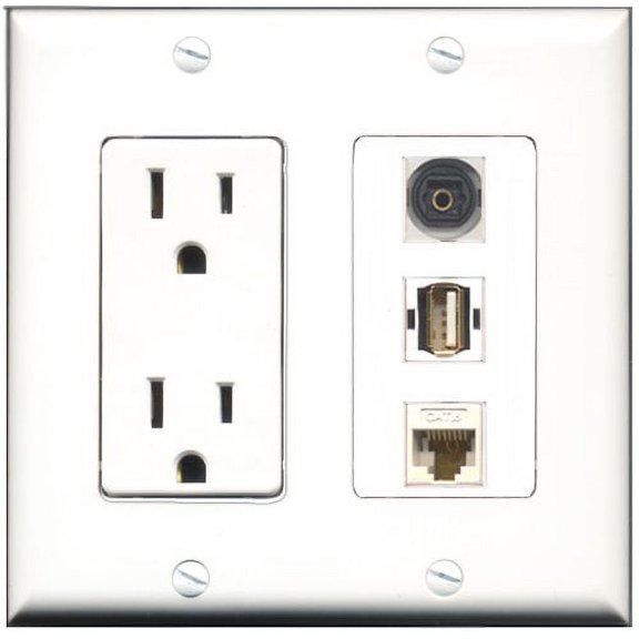 RiteAV - 15 Amp Power Outlet 1 Port USB A-A 1 Port Toslink 1 Port Cat6 Ethernet Ethernet White Decorative Wall Plate