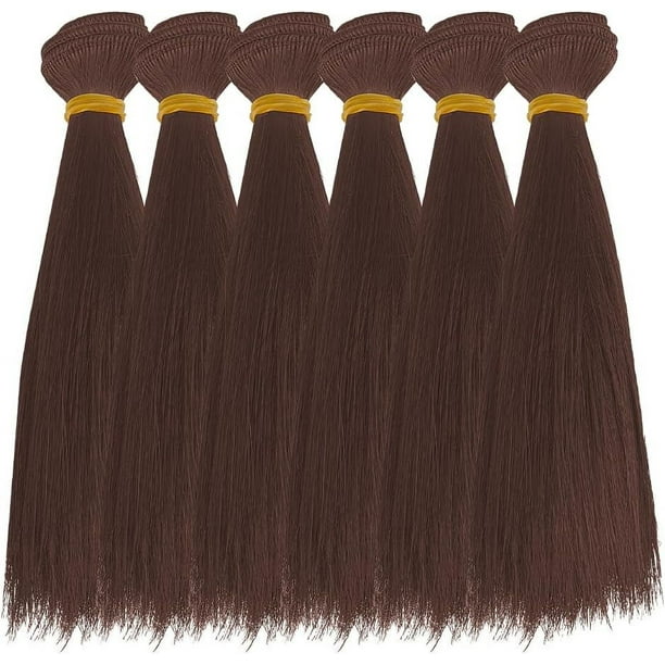 Kit de 6 extensiones de cabello corto y liso de 18 cm, de plástico, color castaño coco, para hacer pelucas y extensiones. Ideal para manualidades.