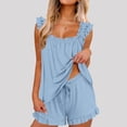 thumbnail image 2 of Dazajoo Women's Ruffle Trim Pajama Set Square Neck Tank Tops and Drawstring Shorts 2 Piece Comfy Soft Sleepwear,Light Blue,XL, 2 of 7