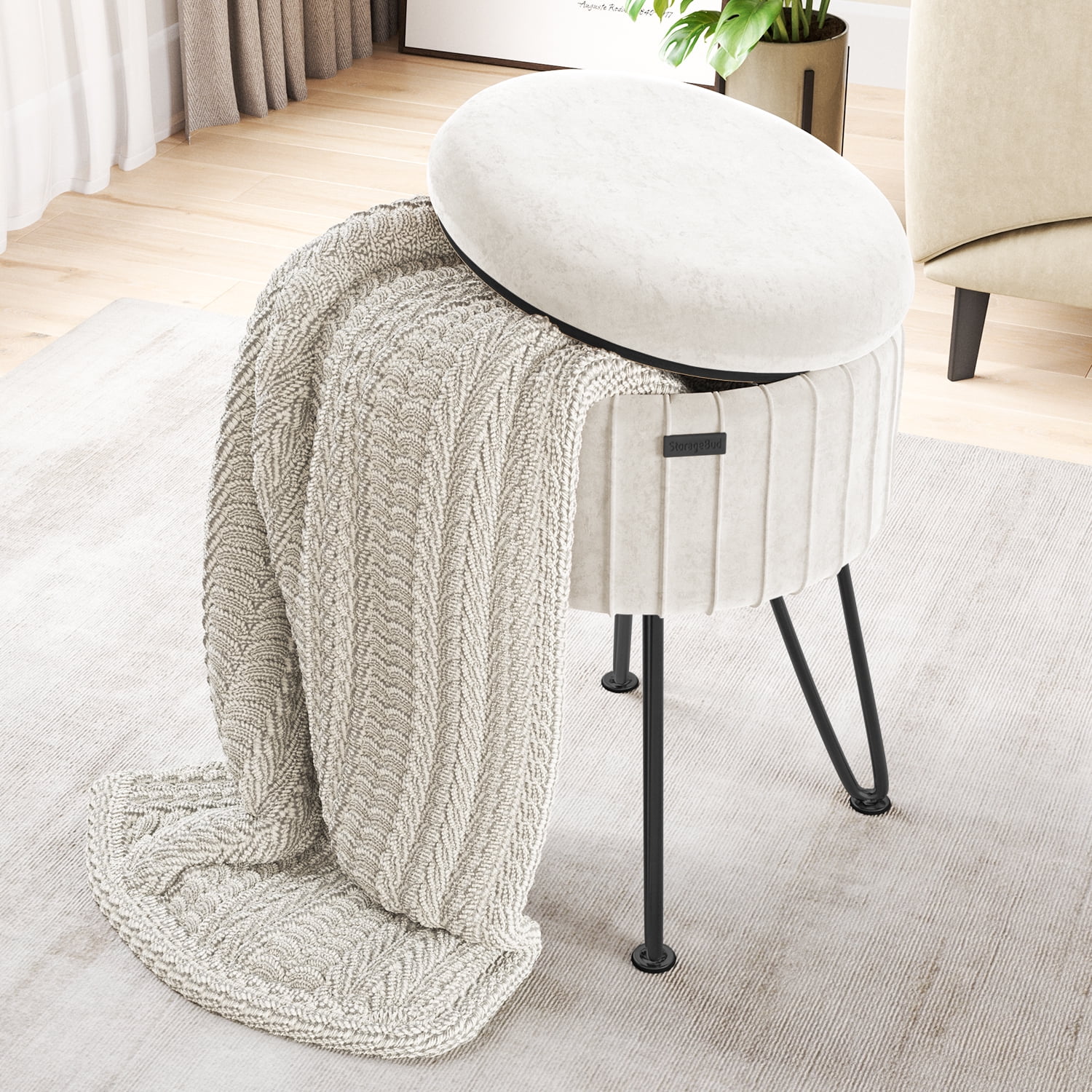LammaLoe Small Round Ottoman with Storage, Pleated Velvet Ottoman Foot Stool with Lid, Upholstered Vanity Stool for Living Room & Bedroom, Cream