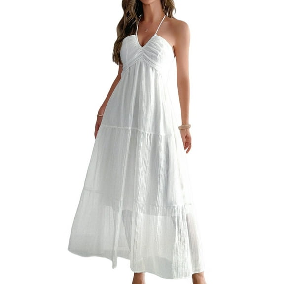 Women'S Shalterneck Maxi Dress Summer Sleeveless Dress Casual Boho Backless Flowy Long Dresses White L