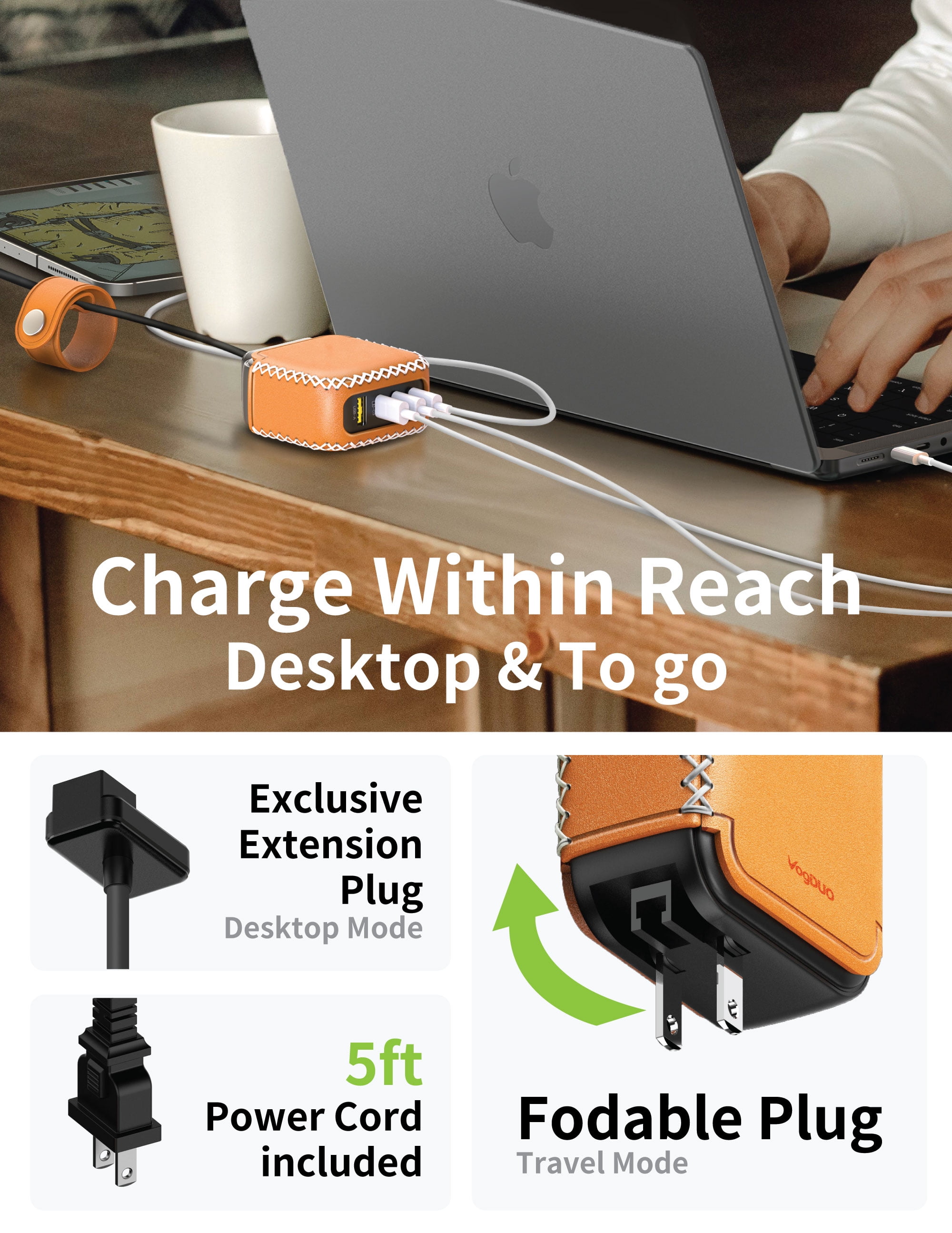 VogDUO 100W USB C Desktop Charging Station- 4 Port Foldable Plug GaN PD Fast Wall Charger Power Adapter with Leather 5ft Extension Cable for MacBook Pro, iPad Apple Watch, iPhone 14, 13, 12 (Tan)