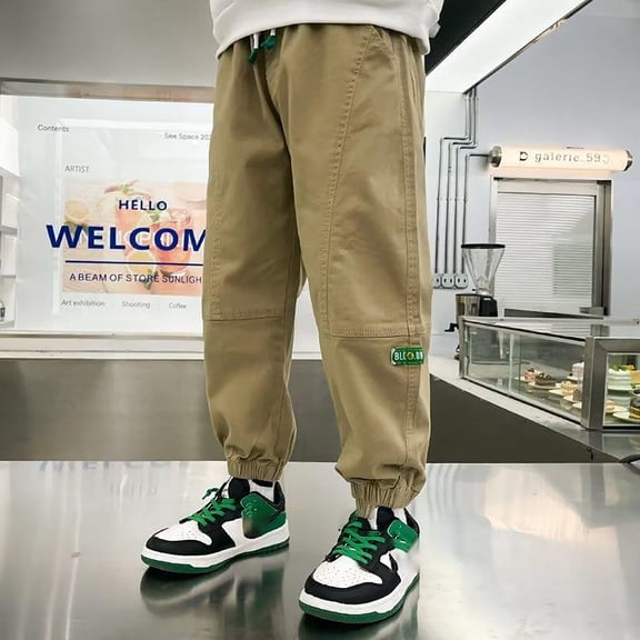Kids Boys Cargo Joggers Stretch Elastic Waist Khaki Baggy Cargo Pants Utility Pocket Straight Fit Outdoor Hiking Pants Boys Clothing Size 7-8 Years
