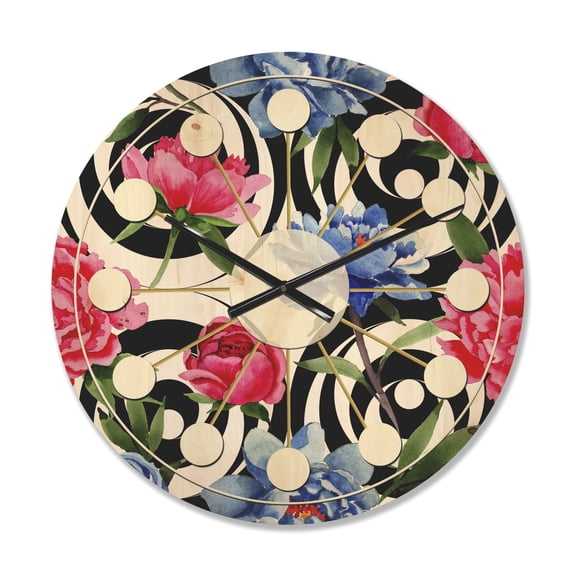 Designart 'Retro Pattern Over Floral I' Mid-Century Modern Wood Wall Clock