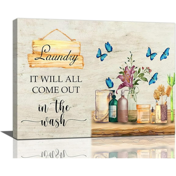 Farmhouse Laundry Room Wall Decor Rustic Laundry Room Signs Pictures Wall Art Country Butterfly Flower Floral Bathroom Canvas Print Painting Framed Home Artwork For Bathroom Washroom 16''''x12''''