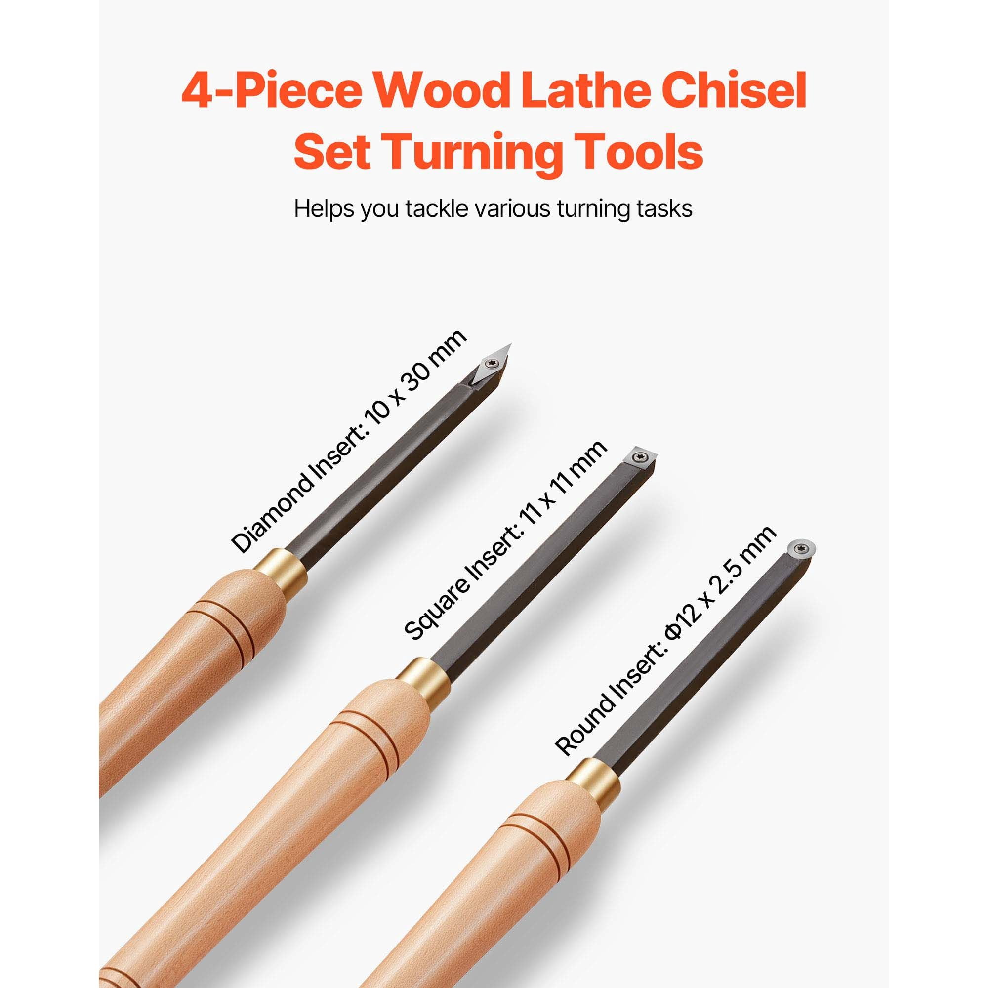 Wood Lathe Chisel Set 4-Piece Carbide Replaceable Blades Diamond/Round/Square with Wooden Box for Woodworking