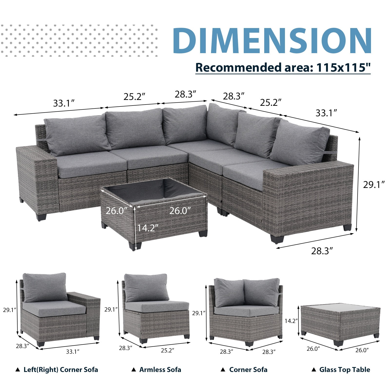 JOIVI 6-Piece Patio Furniture Set, Rattan Outdoor Conversation Set with Coffee Table, Wicker Sectional Sofa Set with Wide Armrest for Yard, Background, Gray