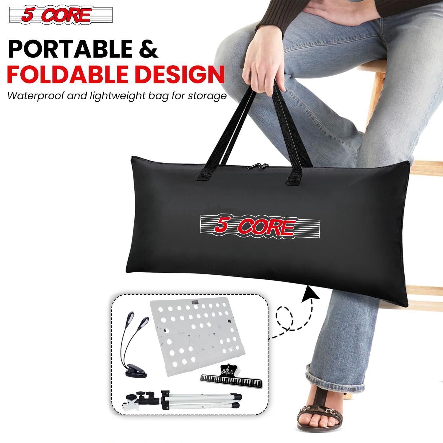 Music Stand For Sheet Music Height Adjustable Portable Folding Atril Para Partituras w Light Clip for Guitar Players Violinists Cellists Pianists - MUS FLD HD ACC WH