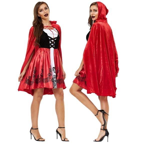 Yxbdin Womens Riding Hood Costumes Casual Crew Neck Halloween Costumes Cosplay Party Dresses with Cape Lace Up Knee Length Dress Going Out Wear