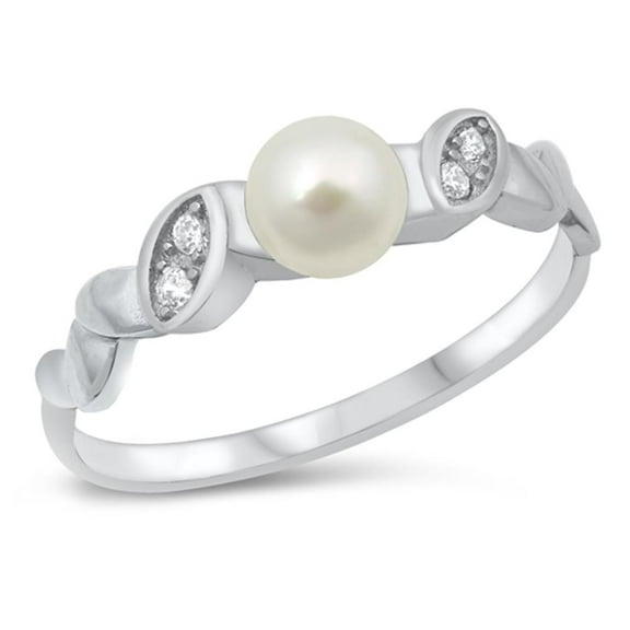 Studded Simulated Pearl Promise Ring .925 Sterling Silver Band White CZ Jewelry Female Size 10
