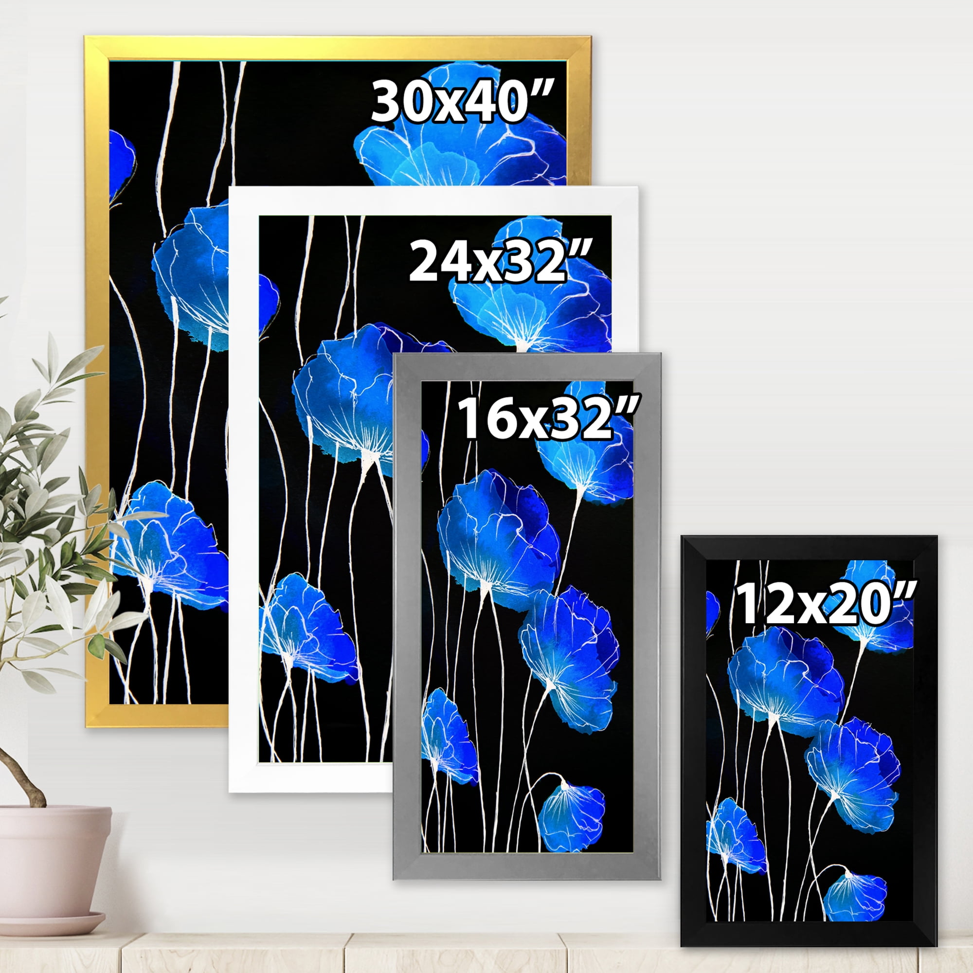 Designart 'Detail of Blue Flowers On Black Background II' Traditional Framed Art Print
