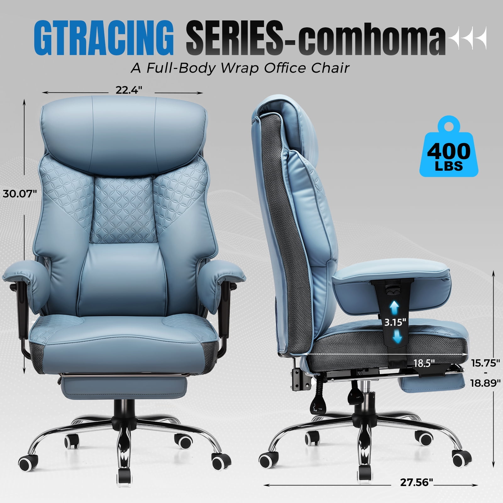 CloudRest Pro 400lbs Executive heavy duty office chair, High Back Ergonomic Computer Desk Chairwith Lumbar Back Support, LakeBlue