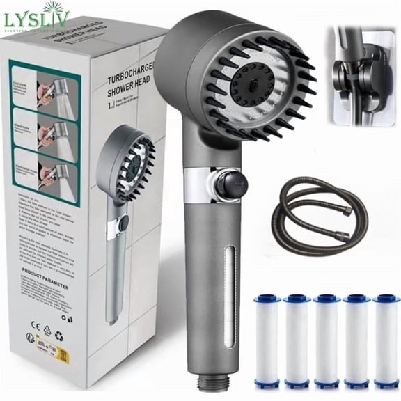 Drivse Showerhead, 2026 New Drivse Filtered Shower Head With Handheld Scalp Massage, Water Saving, Easy Install Djustable (Shower head 1.5 grey steel pipe American-style hanger 5 filter elements)
