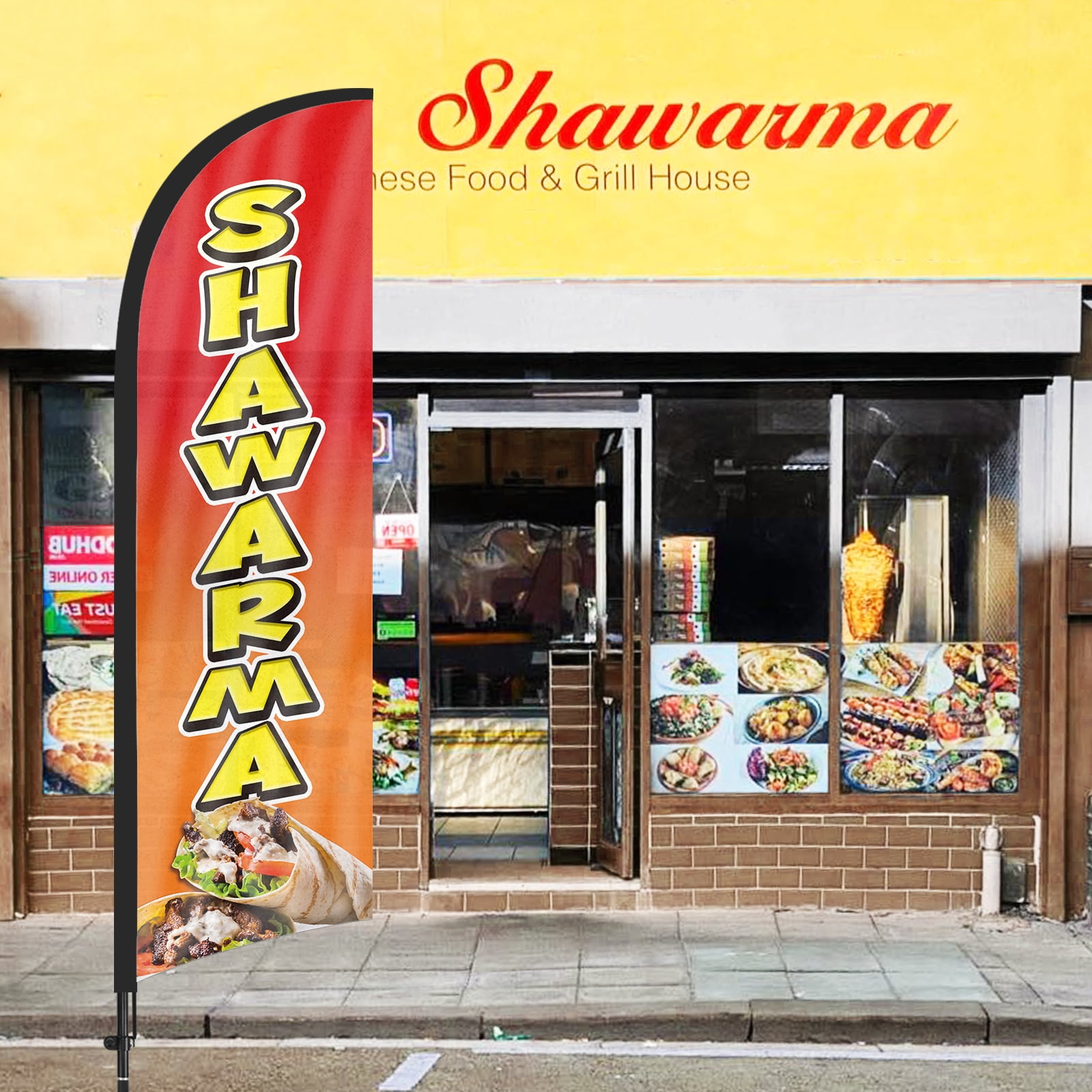 QSUM Shawarma Feather Flag with Flag Pole Kit and Ground Spike, 8.2FT Food Windless Flag Banner Sign Business for Outdoor Advertising Sign Decoration Display
