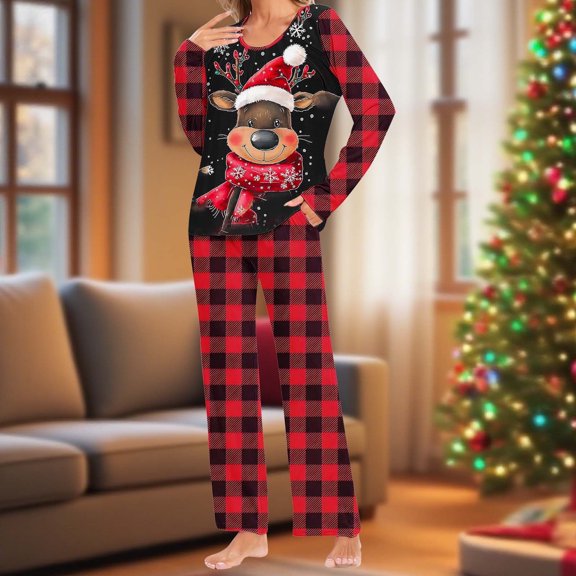 BLTIBY Women's Pajama Sets Christmas Printed Loose Cozy Xmas Pajamas 2 PC Long Sleeve Pleated Round Neck Tops Sleep Pants Sleepwear Set with Pockets Red 2 M