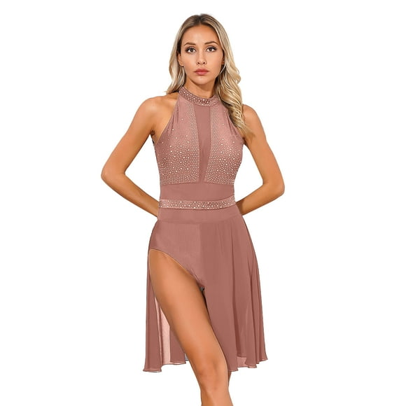 iiniim Costume de Danse Lyrique pour Femmes Sans Manches Col Halter Justaucorps Robe Fluide en Tulle Rose Poussiéreux S