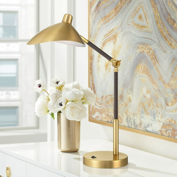 360 Lighting Colborne 28" Tall Mid Century Modern Desk Lamp USB Port Gold Leather Wrap Brass Metal Single Home Office Charging