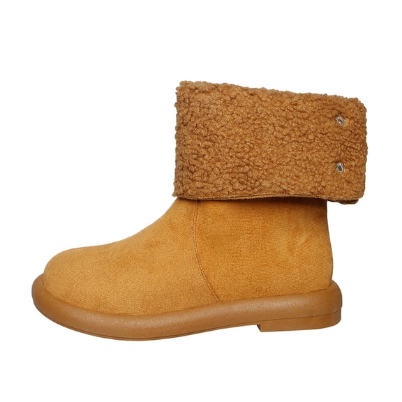 C-281 Brown Ladies Plus Size Round Toe Block Heel Ankle Boots Warm Fleece Lined Winter Snow Boots Comfortable Slip On Casual Boots