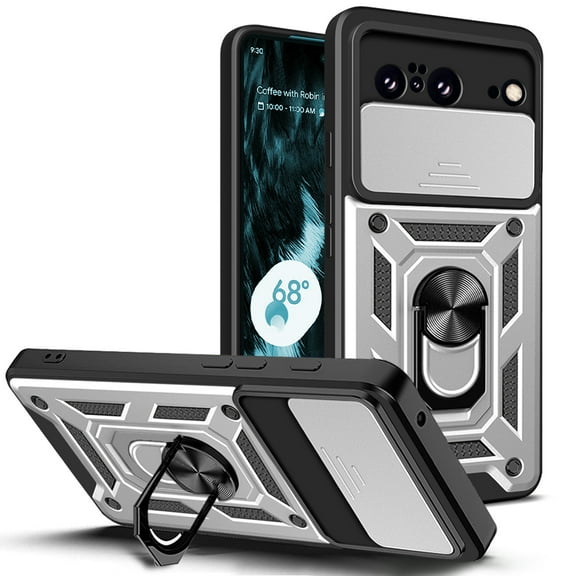 for Google Pixel 8 Case, with Ring Kickstand and Camera Protection,Heavy Duty Protective Shockproof Protective Rubber PC Phone Back Cover for Google Pixel 8 - Silver