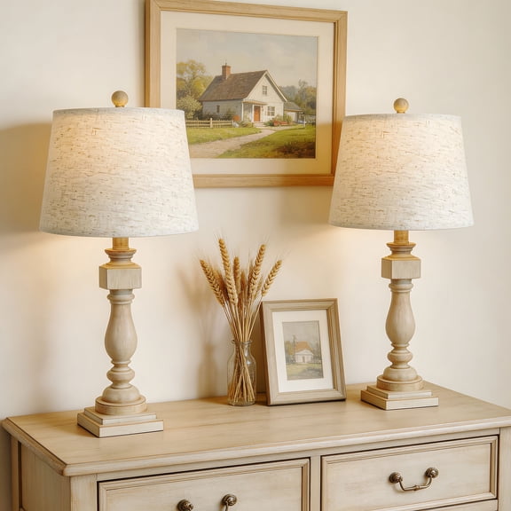 Tnuyoah 26'' Farmhouse Bedside Lamp for Living Room Set of 2 - Tall Table Lamp for Bedroom - Nightstand Lamp with Beige Fabric Shades, Gray