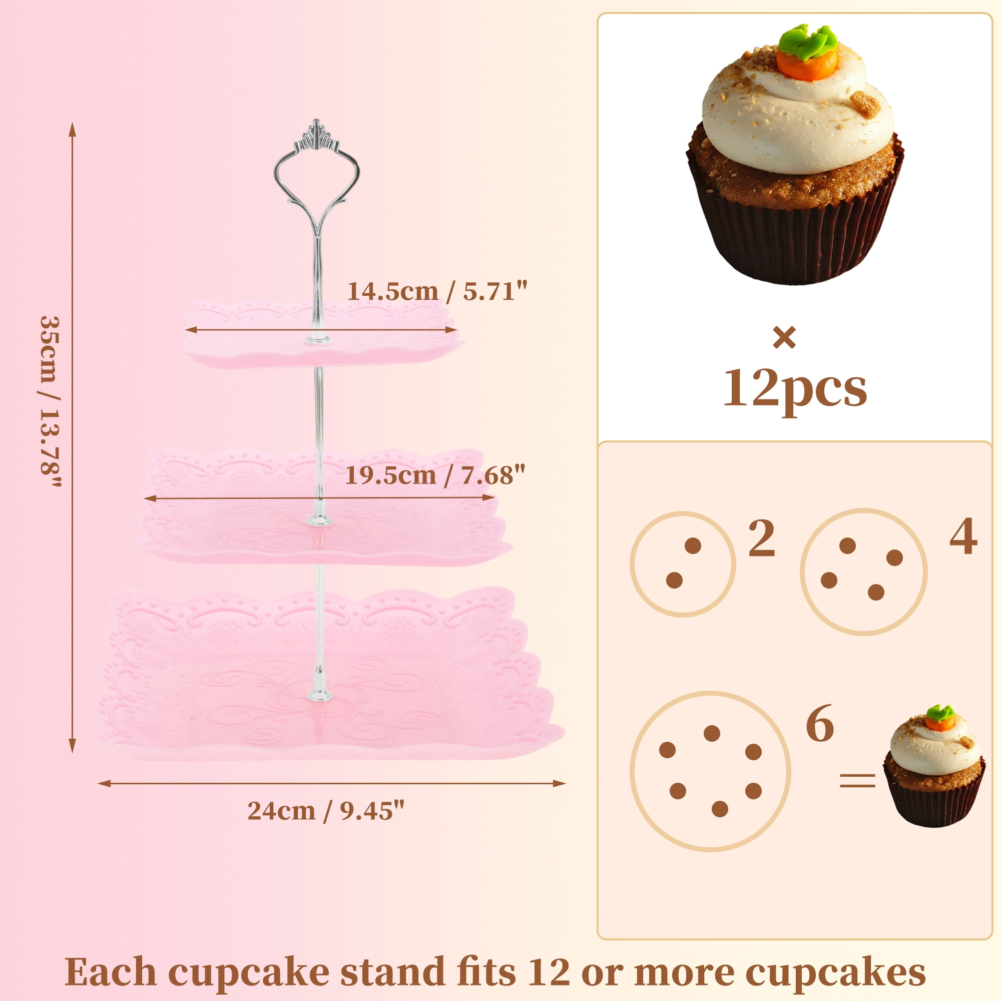 Unique Bargains 3 Tier Cupcake Stand Holder for Donuts Fruits, Pink Silver Tone