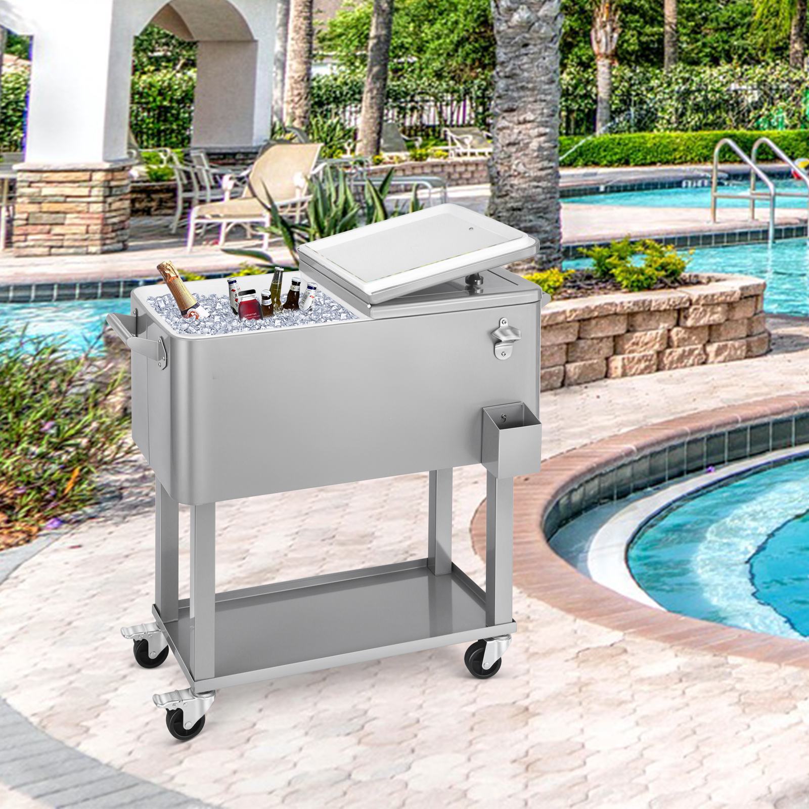 Grey　Cart　Bar　Tub　Portable　Qt　Party　Deck　Ice　Cold　Outdoor　80　for　Chest　Cooler　Drink　JIAD　Back-　Party　Rolling　Patio　Beverage