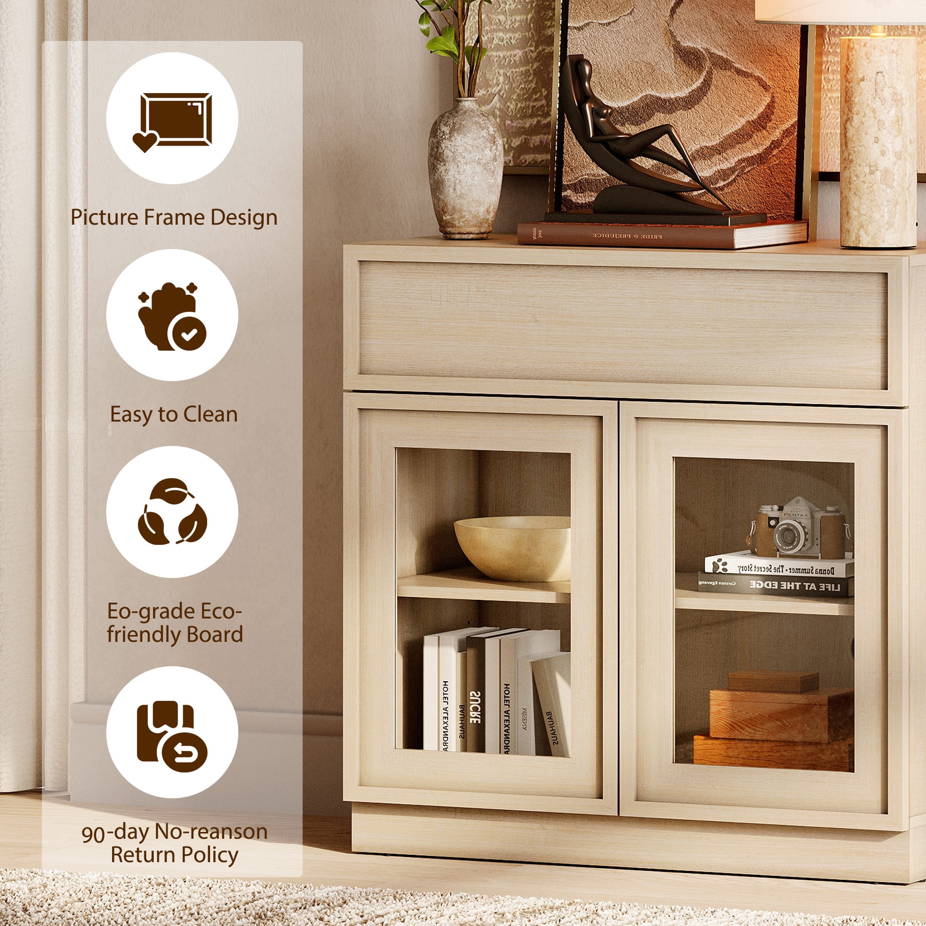 Modern 72"Tall Sideboard, Wood Buffet Display Cabinet with Glass Doors, Drawers and Adjustable Shelves, Multi-Layer Storage Console for Dining Room,Living Room,Entryway,Beige