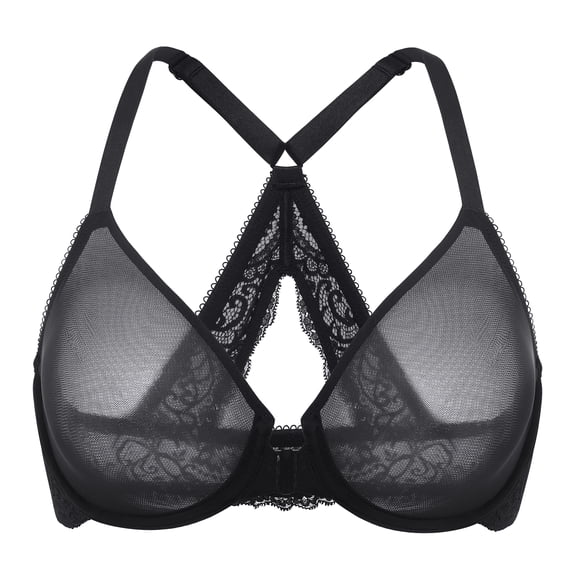 DELIMIRA Women's Front Closure Racerback Sheer Bras, Full Coverage, Plus Size, Underwire, Unlined