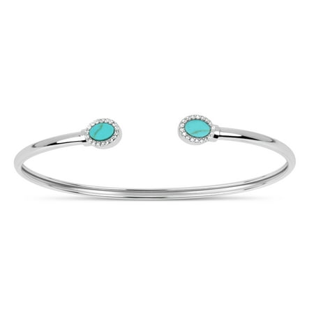 3mm Double Stabilized Turquoise and White Cubic Zirconia Sterling Silver Rhodium Plated Oval Memory Open Cuff Bangle