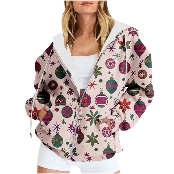 Puntoco Chaqueta Con Capucha Y Manga Larga Con Cremallera Y Estampado Navideño Informal Para Mujer