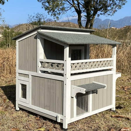 PETSCOSSET 2-Story Outdoor Cat Shelter with Balcony, Escape Doors, Weatherproof Design