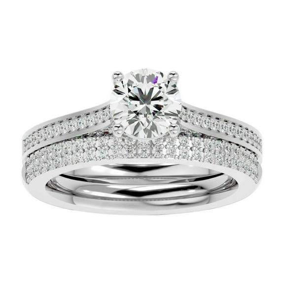 Meryn Jewel 1.47 Ct Lab Created Diamond Wedding Ring Set - Round Cut in 14K White Gold Plated Ring Set for Women - Engagement Ring for Proposals, Anniversary, and Birthdays - Elegant Prong Setting