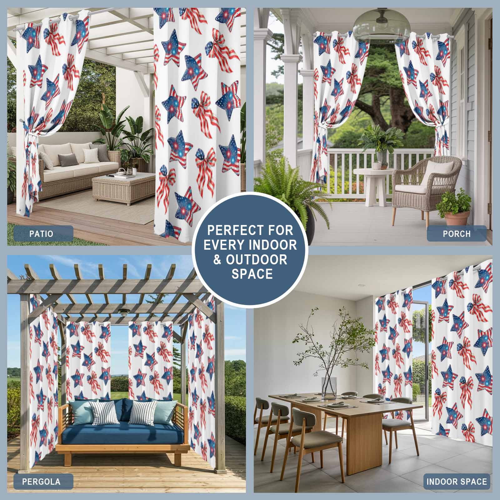Independence Day Outdoor Curtains for Patio, US Flag Red Blue Stripe Patriotic Star Bow Fireworks Sunshade Privacy Drapes Grommet Waterproof Outside Curtains for Porch Balcony 54"x108", 1 Panel