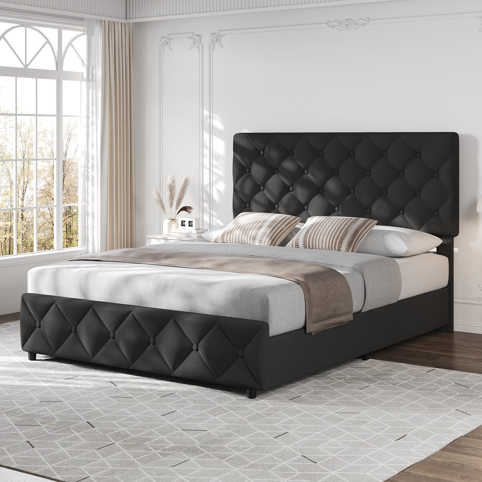 Shininglove Full Size Bed Frame with Storage - Linen Upholstered Platform Bed, 4 Spacious Drawers, Diamond Tufted Headboard, No Box Spring Needed(Black)