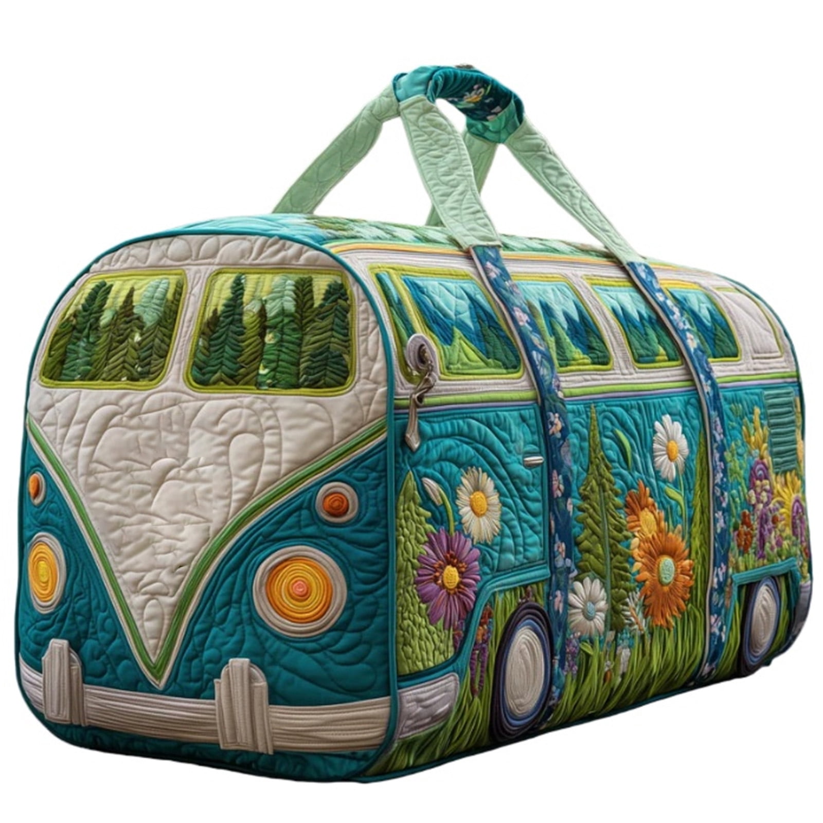 Hippie Van Quilted Duffle Bag, 16"x8"x8" Vintage Boho Canvas Weekender for Women, Colorful Psychedelic Travel Carry-On, Retro Bus Theme Gym Bag with Adjustable Strap(S, 16"x8"x8")