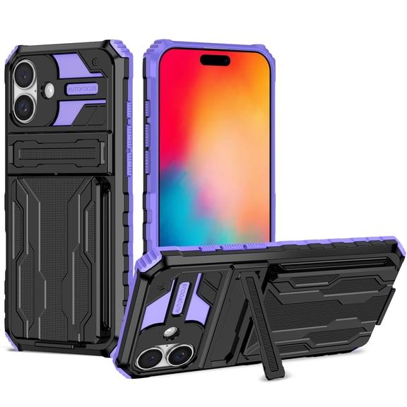 Heavy Duty Case for iPhone 16 Credit Card Slot Holder Kickstand Bracket Cover, Military Grade Dual-Layers Rugged PC Shockproof Anti-Scratches Lens Protection Case, Purple