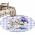 thumbnail image 2 of Round Area Rug 3ft, Spring Easter Rabbit Non-Shedding Washable Area Rug, Purple Iris Plaid Lilies Non Slip Low-Profile Circle Rugs for Living Room, Bedroom Dining Room, 2 of 9