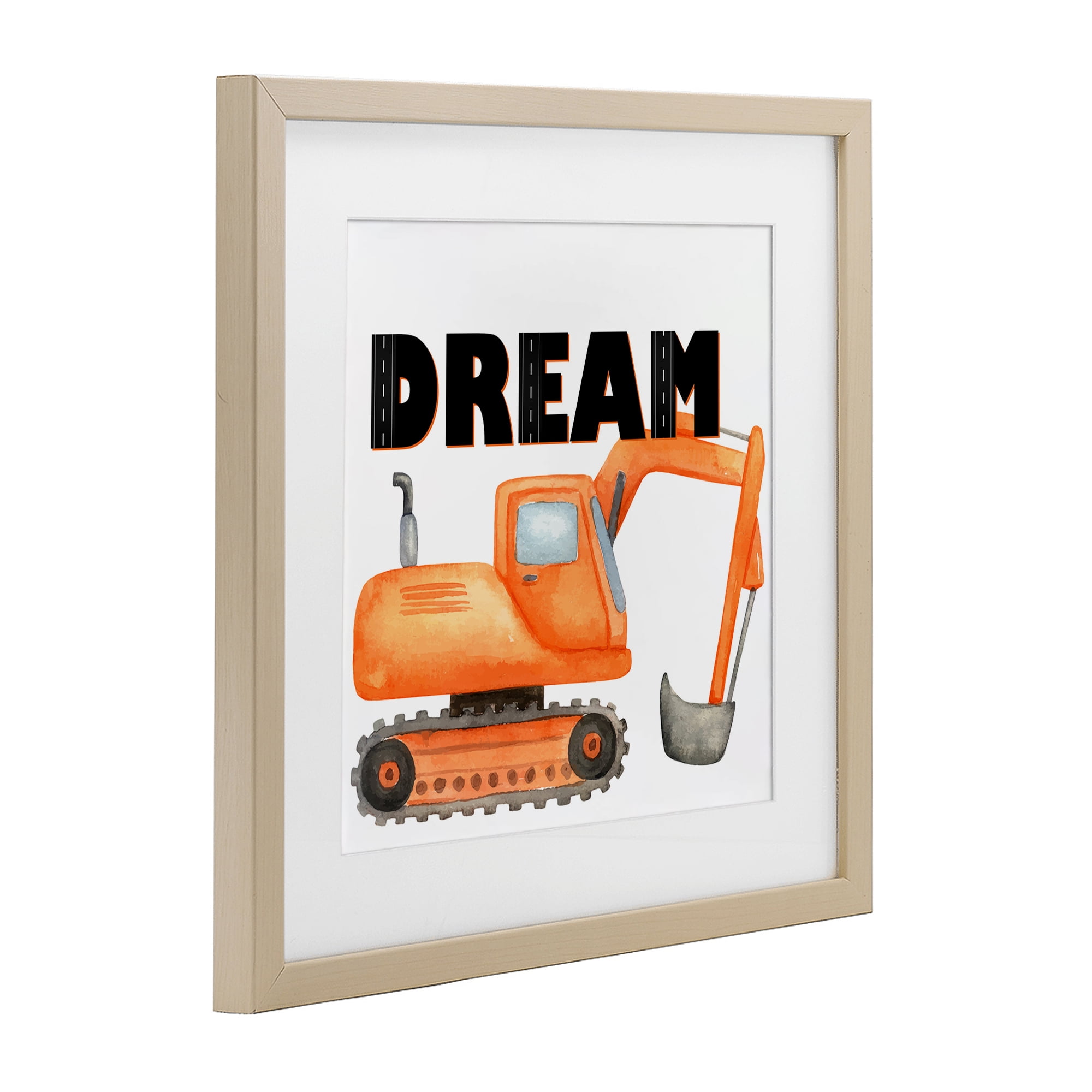Dream with Orange Excavator Birch Framed Print Under Glass, design by Kim Allen