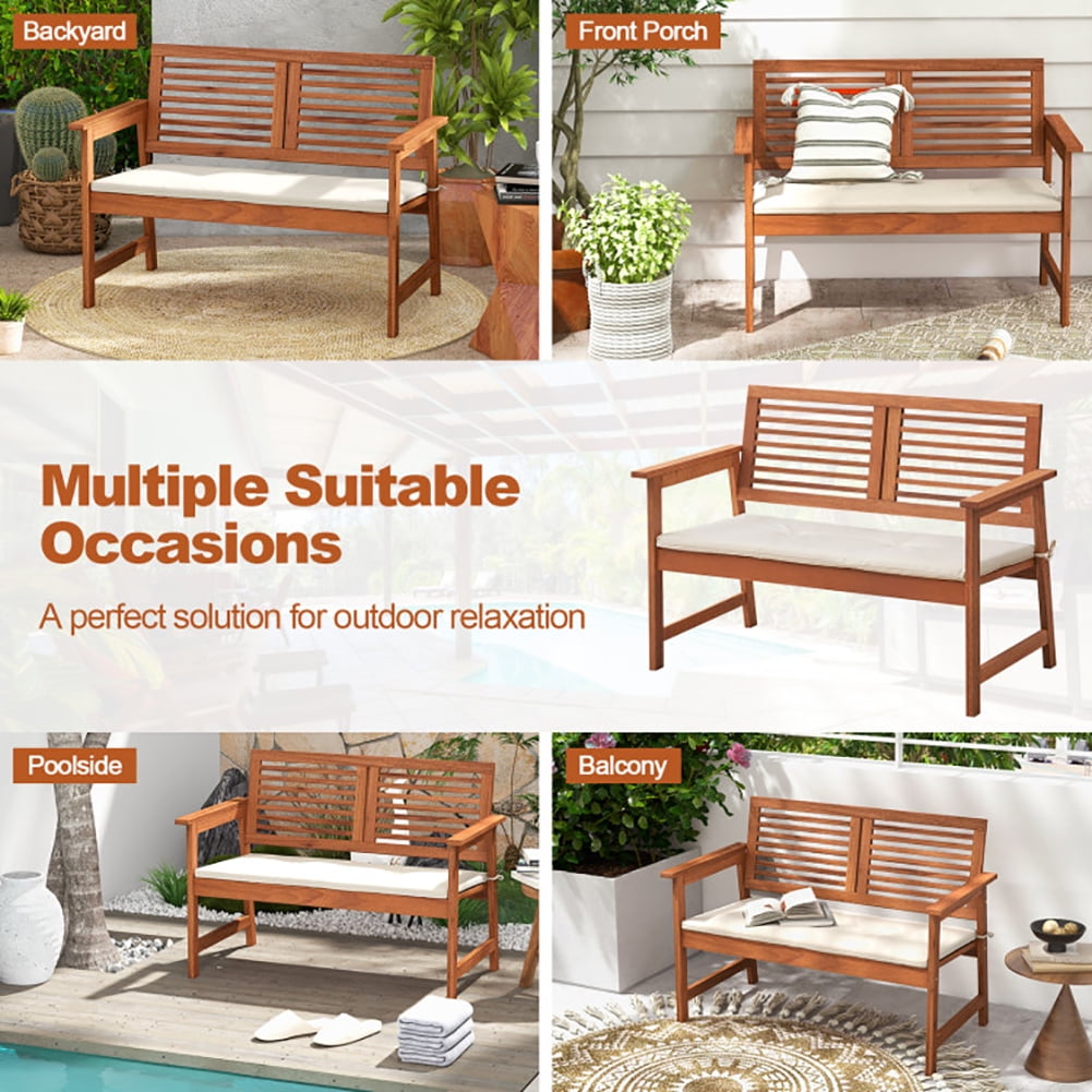 Aimee Lii 2-Person Solid Wood Patio Bench with Backrest and Cushion, Outdoor Patio Furniture Aimee Lii 2-Person Solid Wood Patio Bench with Backrest and Cushion, Outdoor Patio Furniture