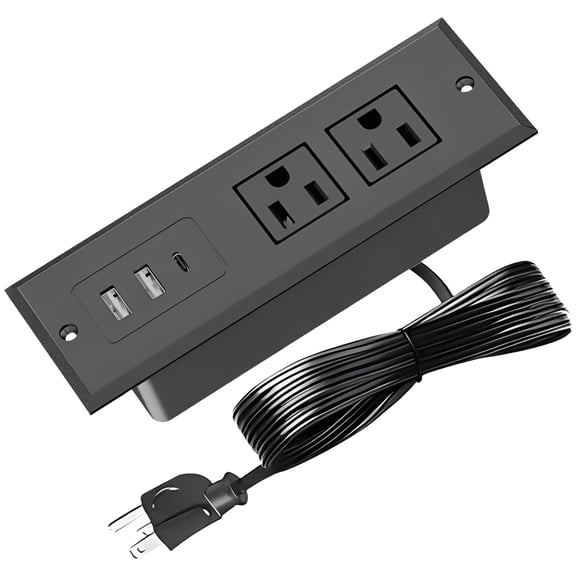 Recessed Power Strip With USB Ports, 2 USB And Type-C Outlets, 2 AC Sockets, 4.9 Ft / 1.5 M Cord, In-Desk Charging Station, Hidden Furniture Power Outlet, Black, 7.1 X 2.4 X 1.6 In / 18 X 6 X 4 Cm