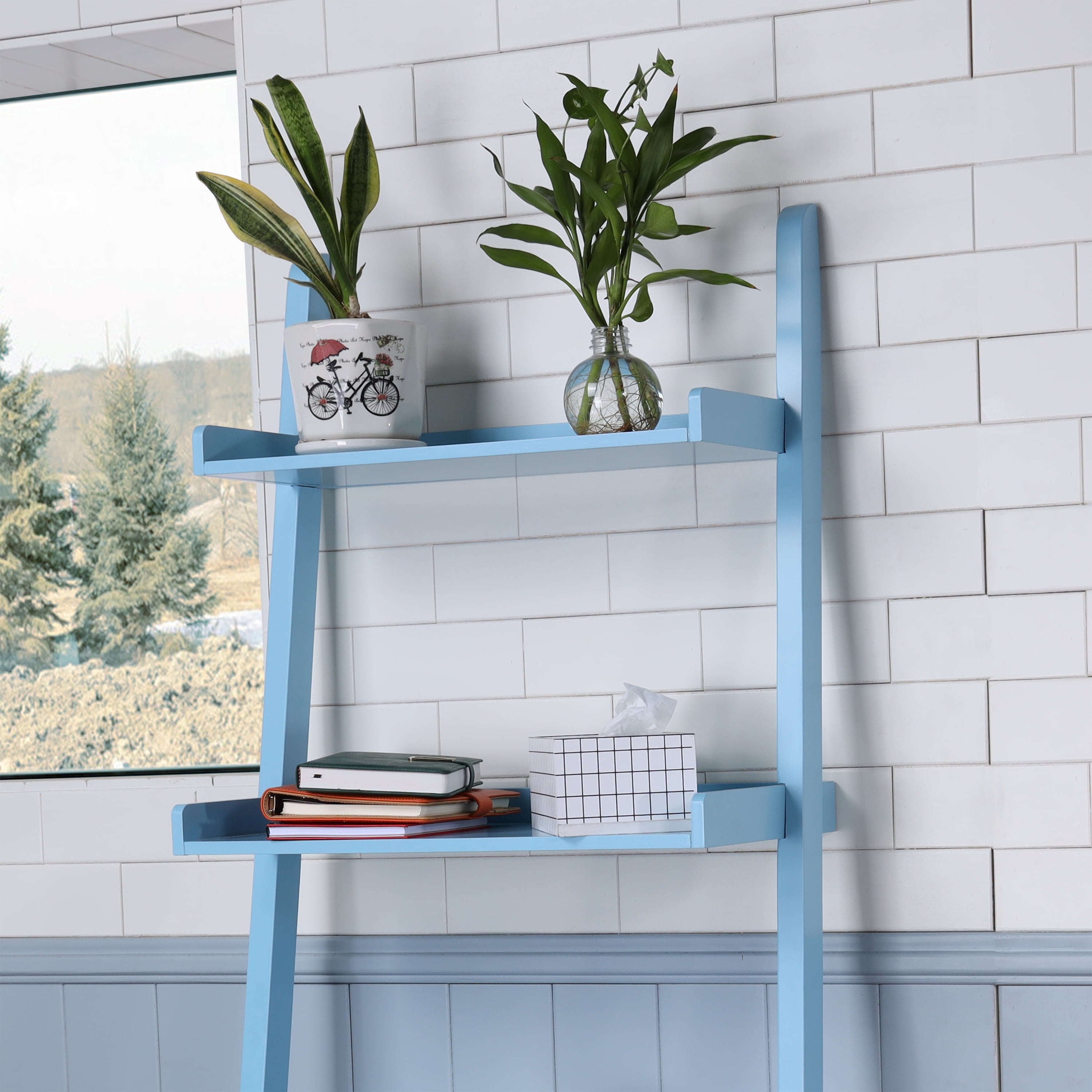 5-Tier Ladder Shelf – Leaning Book Case – Bookshelf for Bedroom, Living Room, or Kitchen Shelving Sky Blue