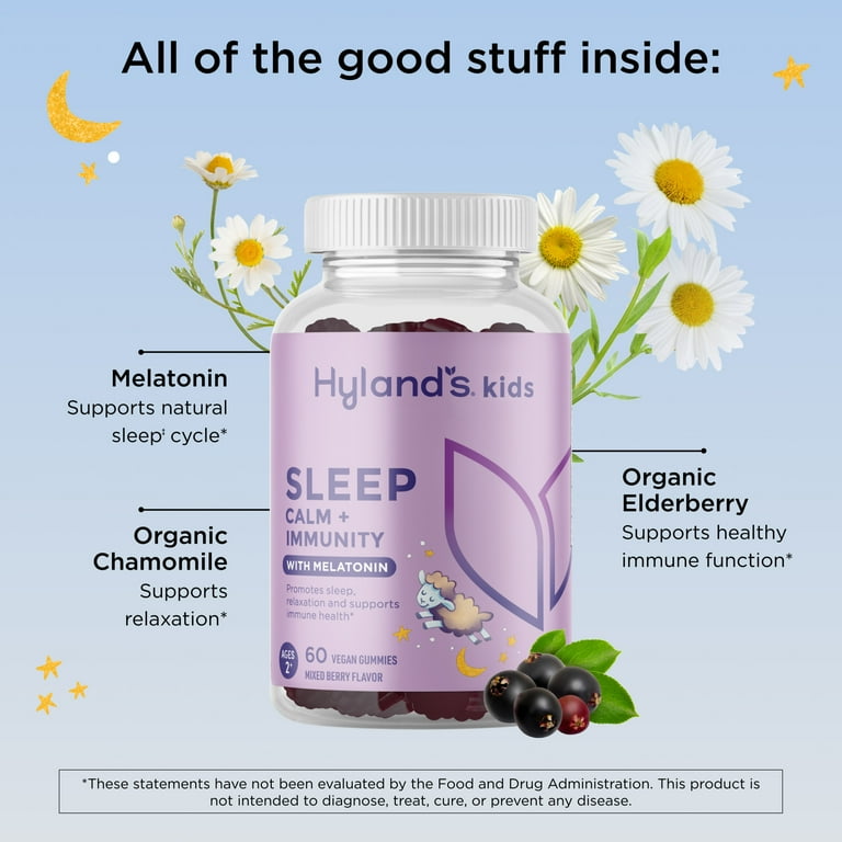 Hyland's Kids Sleep Calm + Immunity w/ Melatonin Vegan Gummies, Sleep Support for Sleeplessness & Restlessness, Chamomile & Elderberry 60 ct