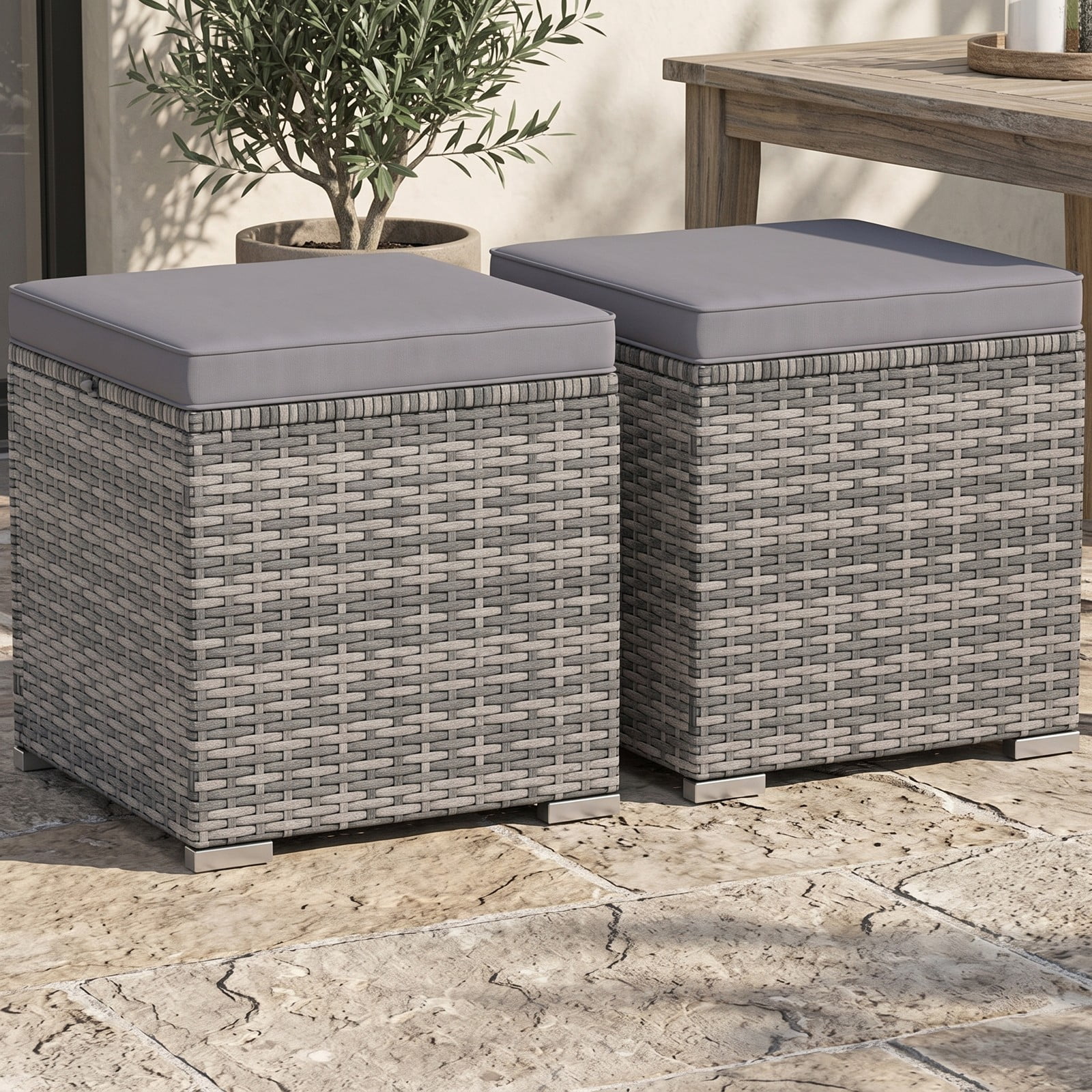 Furnibear Set of 2 Outdoor PE Wicker Patio Storage Ottomans with Hidden Space and Cushions for Foot Rest and Extra Seating, Gray