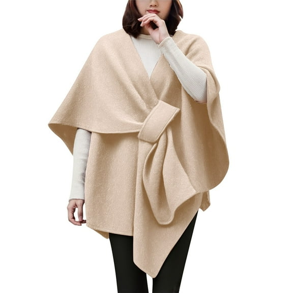 BWASD Shawl Wraps for Women Open Front Knitted Poncho Sweater Solid Color Casual Warm Oversized Blanket Cape Scarf for Spring Fall Winter Beige