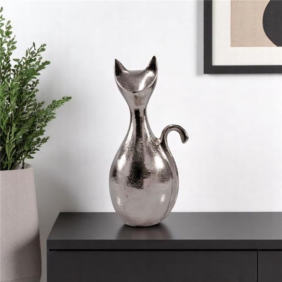 HomeRoots 628124 11 in. Silver Aluminum Cat Tabletop Sculpture