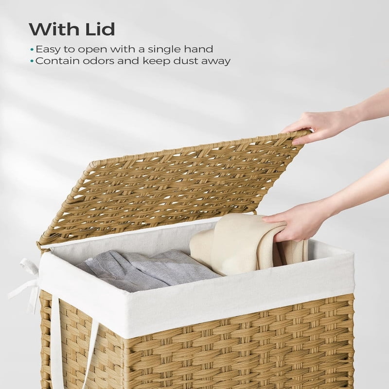Kelno 110L Laundry Basket with Lid Foldable Rattan Clothes Hamper with Removable Liner Bag, Natural