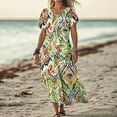 thumbnail image 2 of Cmfcve Women's Summer Long Dresses Vintage Printed Beach Vacation Dress Short Sleeve V-Neck Flowing Dress, 2 of 5