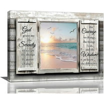 Jamie world Beach Serenity Prayer Wall Art Coastal Country Canvas Prints Window Sunset Ocean Picture Framed Scripture Christian Artwork Home Decor for Bathroom Kitchen Bedroom Dining Living 16''x12''
