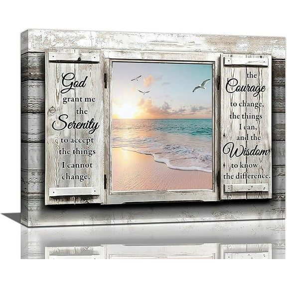 Jamie world Beach Serenity Prayer Wall Art Coastal Country Canvas Prints Window Sunset Ocean Picture Framed Scripture Christian Artwork Home Decor for Bathroom Kitchen Bedroom Dining Living 16''x12''
