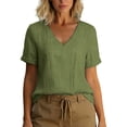 thumbnail image 2 of ClodeEU Women's Linen Blend V Neck Short Sleeve T-Shirt,Solid Color Casual Top Army Green,Womens Plus L, 2 of 7